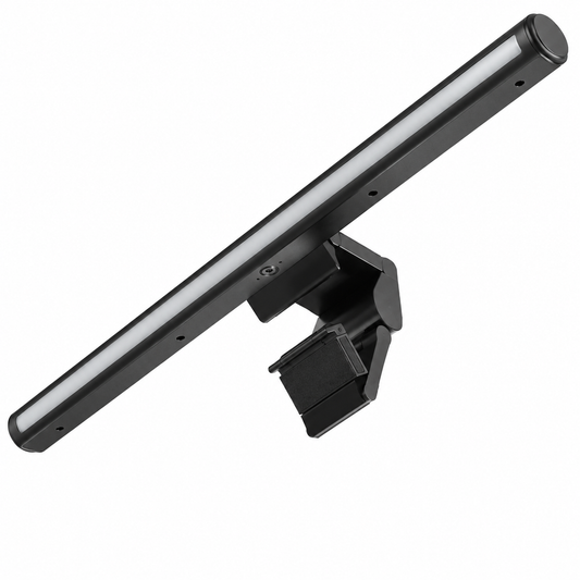 PrimeSync premium asymmetrical monitor light bar shown from a diagonal angle, featuring a matte black cylindrical aluminum body, a white anti-glare light diffuser, and a heavy-duty padded gravity counterweight clamp on a solid white background.