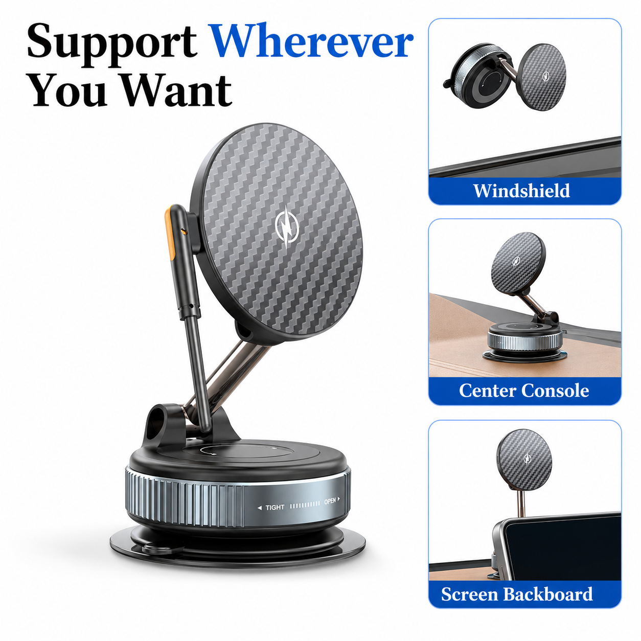 Infographic illustrating the versatile mounting options for the PrimeSync magnetic car mount. Examples show the mount securely attached upside down on a car windshield, upright on a leather center console dashboard, and mounted behind an infotainment touchscreen display.