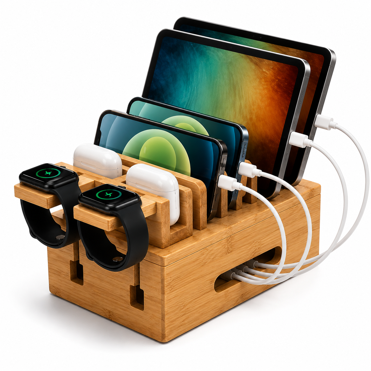 PrimeSync eco-friendly bamboo multi-device charging station organizing smartphones and tablets.