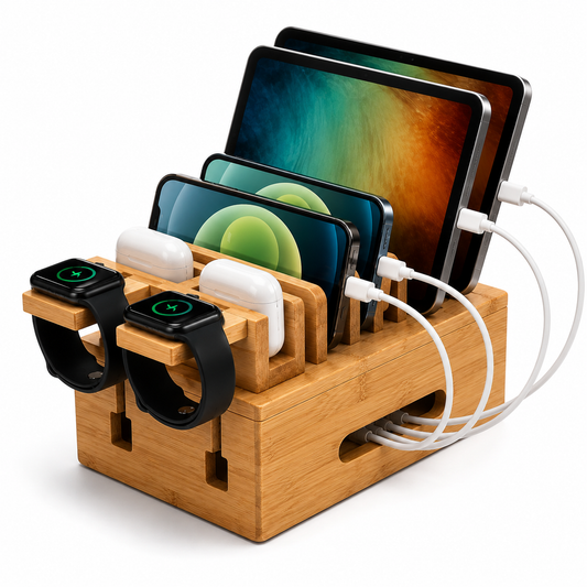 PrimeSync eco-friendly bamboo multi-device charging station organizing smartphones and tablets.
