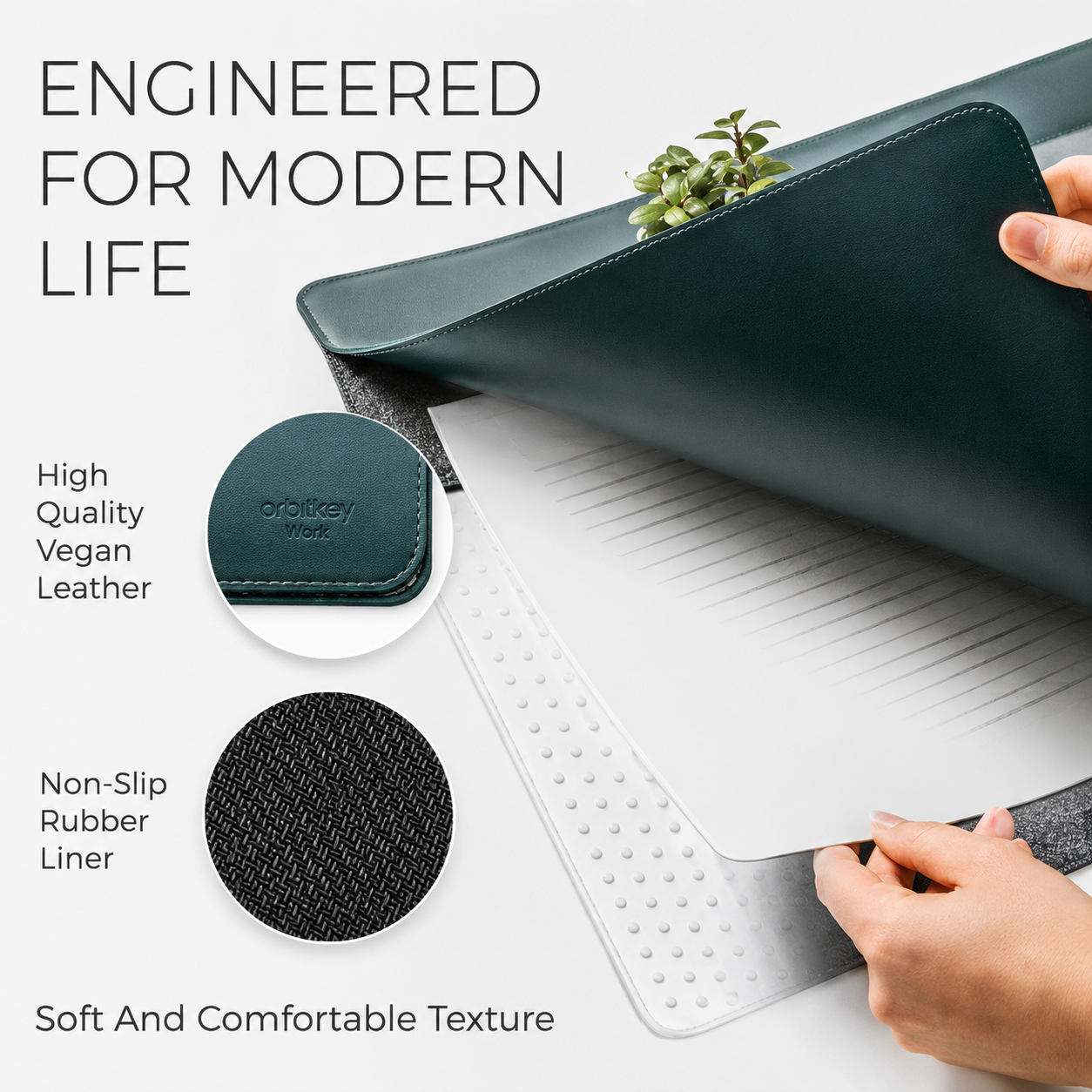 Top-down view of a premium executive desk setup using the PrimeSync desk mat. Insets highlight the three available color options (Black, Navy Blue, Forest Green) and a close-up of the highly textured, engineered non-slip rubber backing.