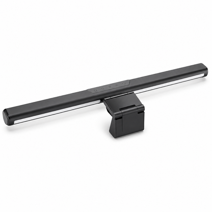 Rear three-quarter view of the PrimeSync monitor light bar, showcasing the tool-free gravity counterweight installation mechanism. The padded, heavy mounting block hangs down securely from the premium matte-black textured aluminum light cylinder.