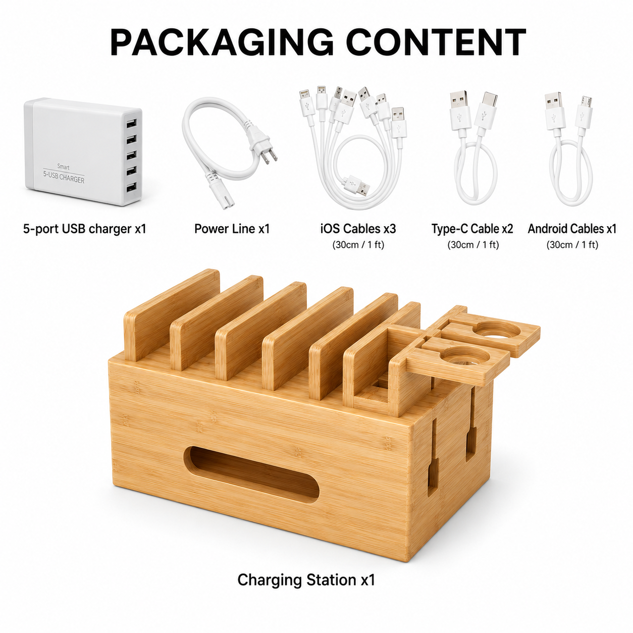 Six custom-length charging cables included with the bamboo multi-device organizer.