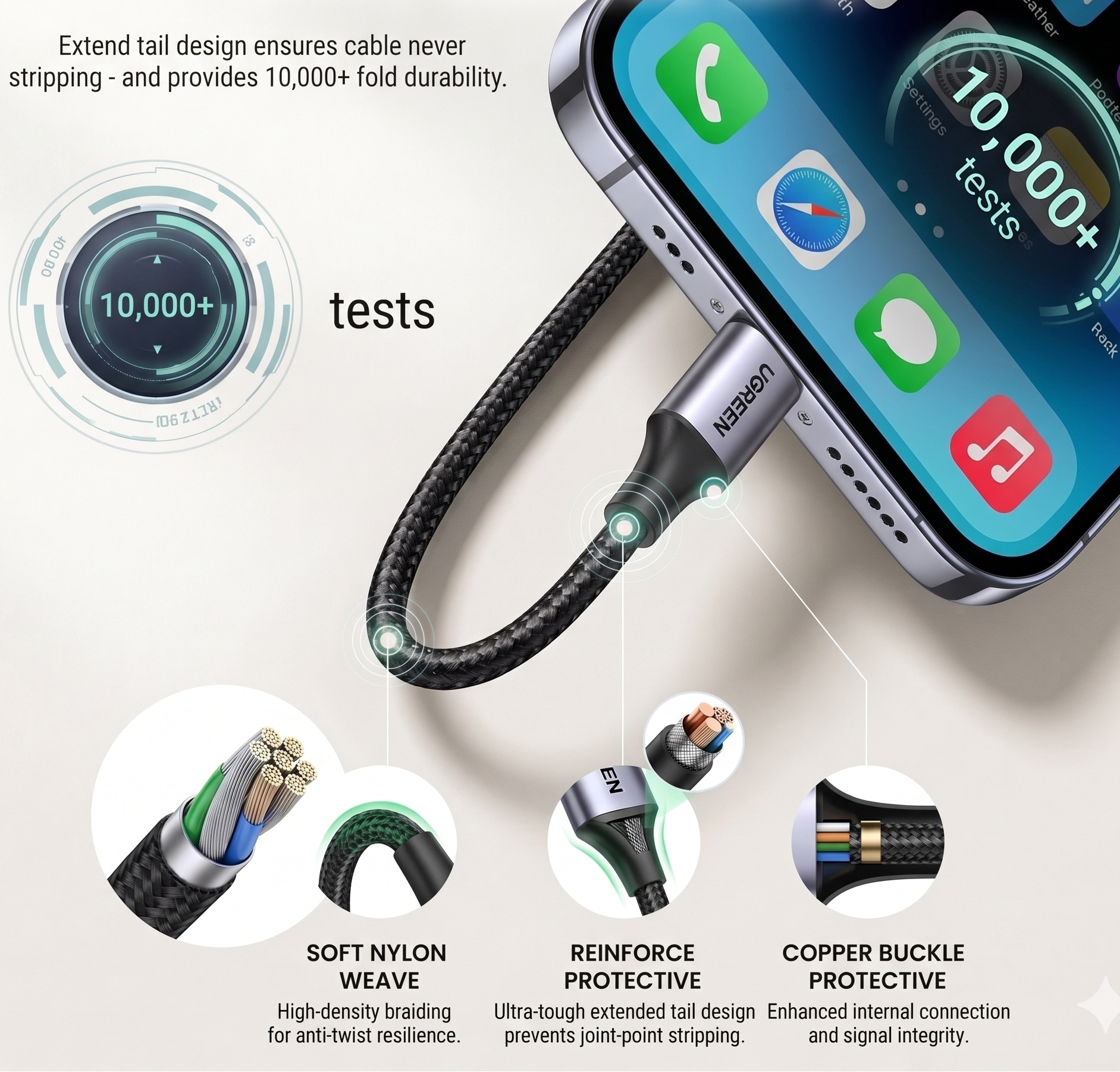 Phone cable used with durability features soft nylon, reinforce protective cable, and copper buckle protective use.