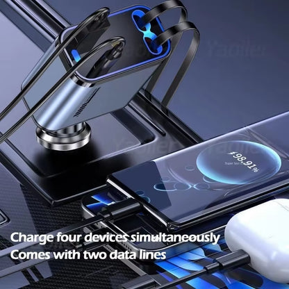 4 in 1 Retractable Car Charger with Starlight 120W USB C Car Charger Adapter W/ 2 USB Ports Car Phone Charger for Iphone Samsung