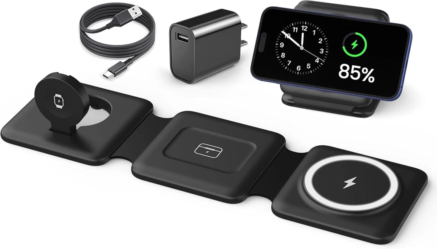 Magnetic Wireless Charger Compatible for Iphone: Fodable 3 in 1 Charging Station for Apple Multiple Devices - Travel Charging Pad Dock Compatible for Iphone 17 16 15 14 13 12 Pro Max plus & Airpod