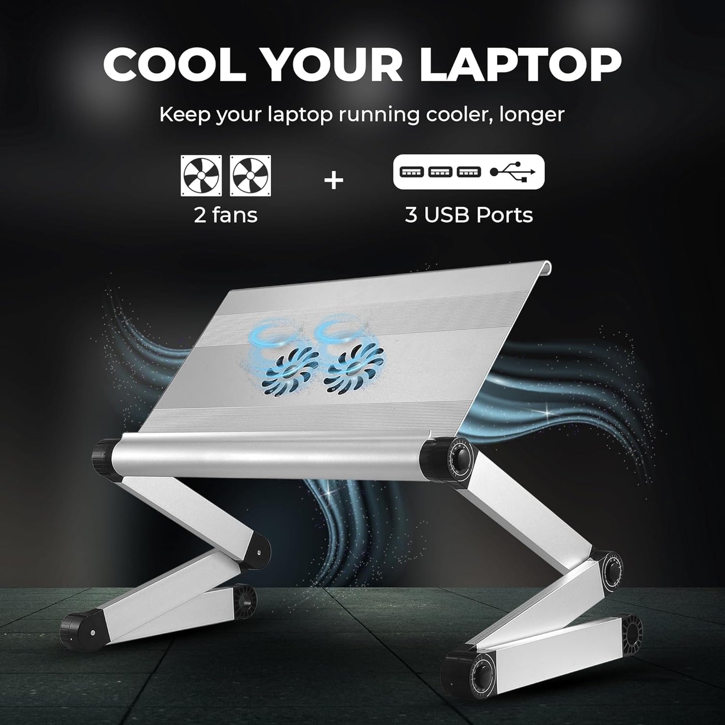 Workez Cooling Adjustable Laptop Stand for Desk W/Fan USB Ports Mouse Pad Ergonomic Foldable Laptop Stand Riser Portable Computer Holder, Silver