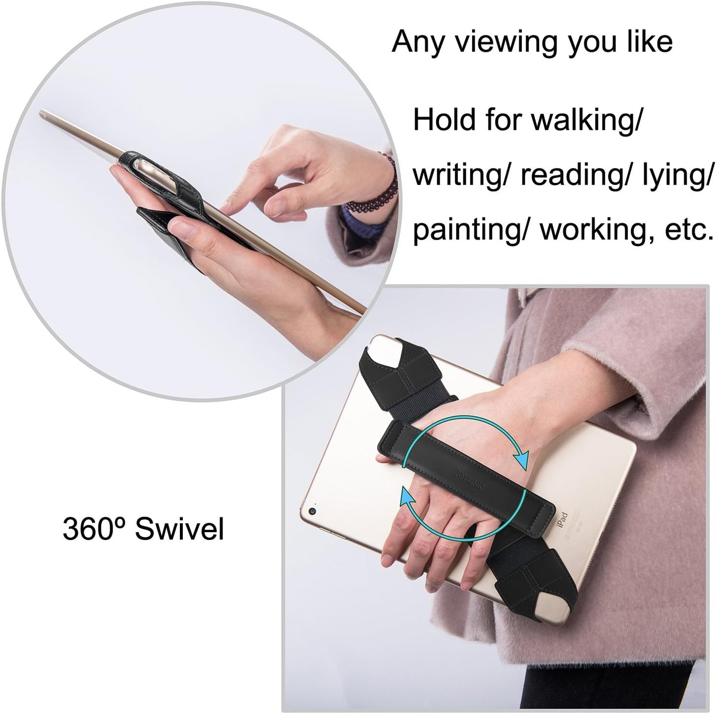 Universal Tablet Hand Holder Strap, 360 Degrees Swivel Leather Handheld Grip with Elastic Belt, Secure & Portable for 10.1" Tablets (Samsung Asus Ipad Etc), Black