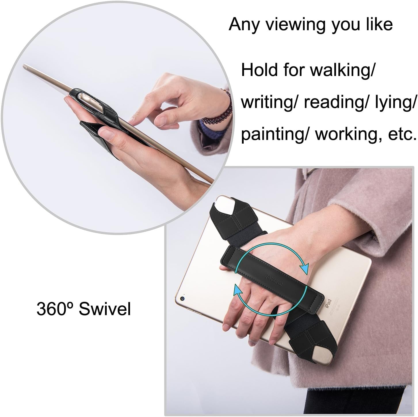 Universal Tablet Hand Holder Strap, 360 Degrees Swivel Leather Handheld Grip with Elastic Belt, Secure & Portable for 10.1" Tablets (Samsung Asus Ipad Etc), Black