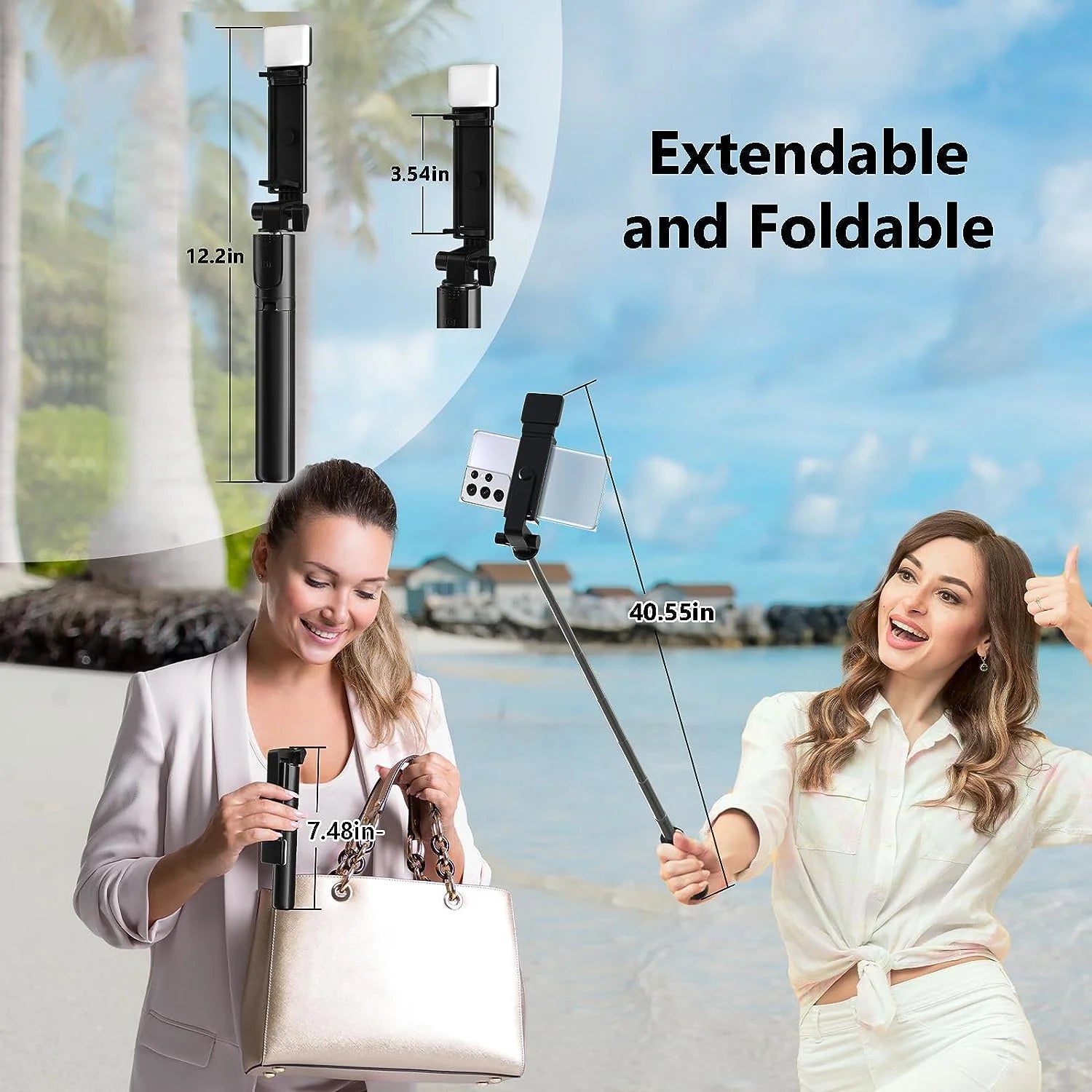 Selfie Stick, 40In Retractable  with Remote, 2 Level Fill Light, Selfie Tripod for Iphone Android