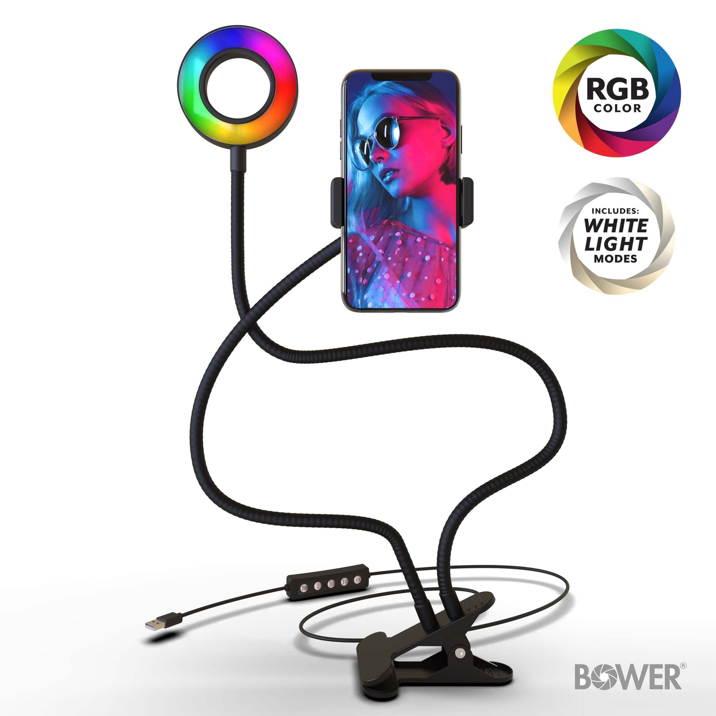 Flexible White and RGB LED Ring Light with Smartphone Holder