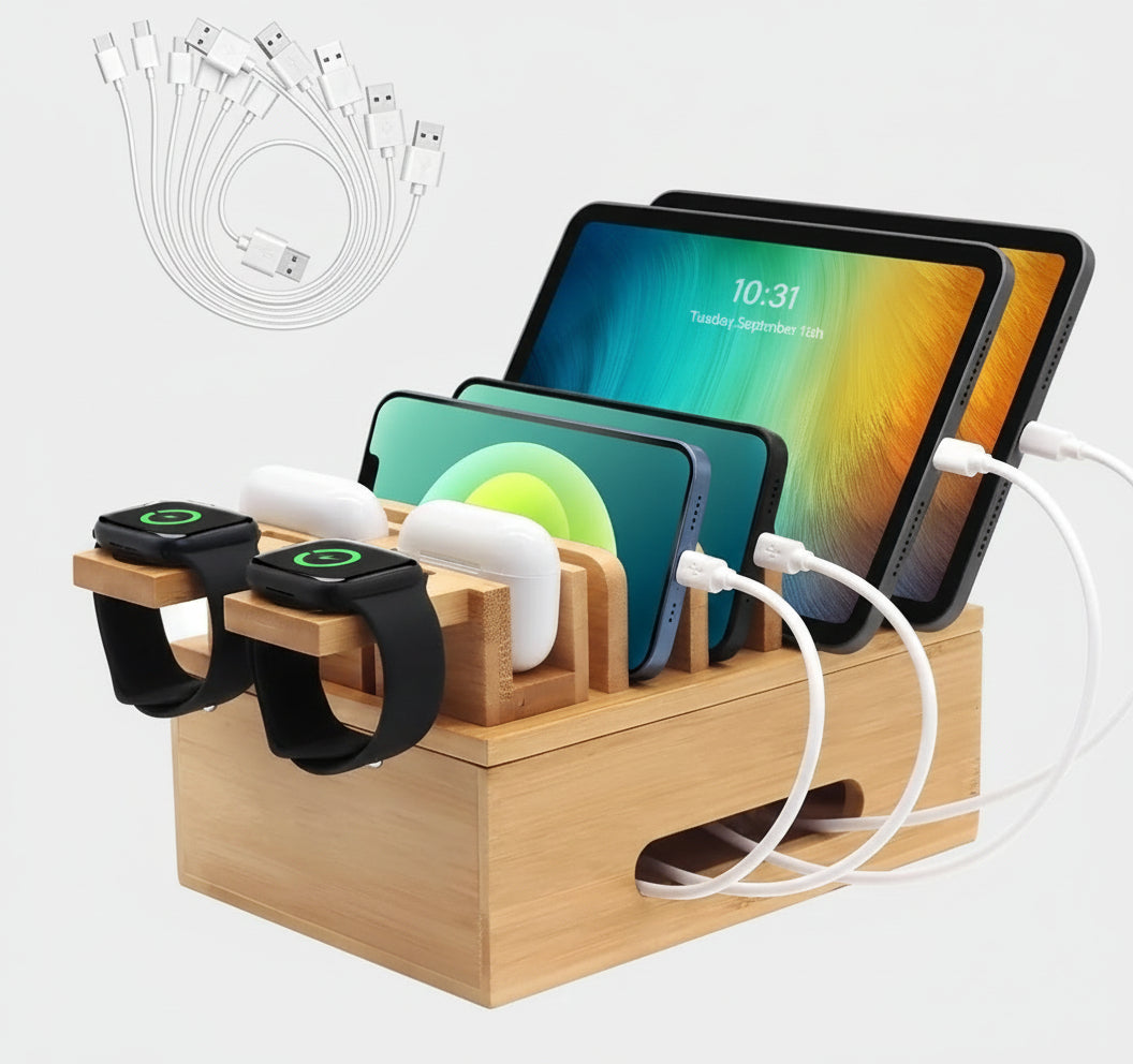 Bamboo Charging Stations for Multi Devices, Wood Desktop Docking Station Charger Organizer for Cell Phones, Tablets, Earphones, Watch (Includes 6 Charging Cables) (No Power Supply)