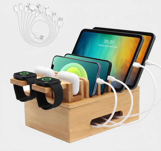 Bamboo Charging Stations for Multi Devices, Wood Desktop Docking Station Charger Organizer for Cell Phones, Tablets, Earphones, Watch (Includes 6 Charging Cables) (No Power Supply)