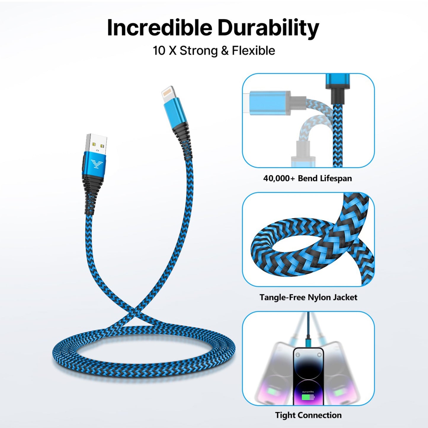 2 Pack Iphone Charger Cord 10Ft, Nylon Braided 3A Fast Charging Cable Compatible with Iphone 14/13/12/11, Blue
