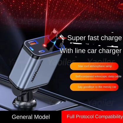 4 in 1 Retractable Car Charger with Starlight 120W USB C Car Charger Adapter W/ 2 USB Ports Car Phone Charger for Iphone Samsung