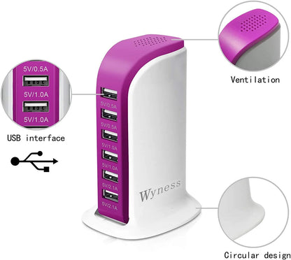 6-Port USB Wall Charger Desktop Charging Station Quick Charge 2.1,Compatible with Compatible with Phones,Tablets,Smartphones and More(Rose Red)