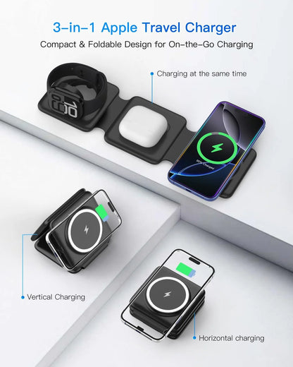 Magnetic Wireless Charger Compatible for Iphone: Fodable 3 in 1 Charging Station for Apple Multiple Devices - Travel Charging Pad Dock Compatible for Iphone 17 16 15 14 13 12 Pro Max plus & Airpod