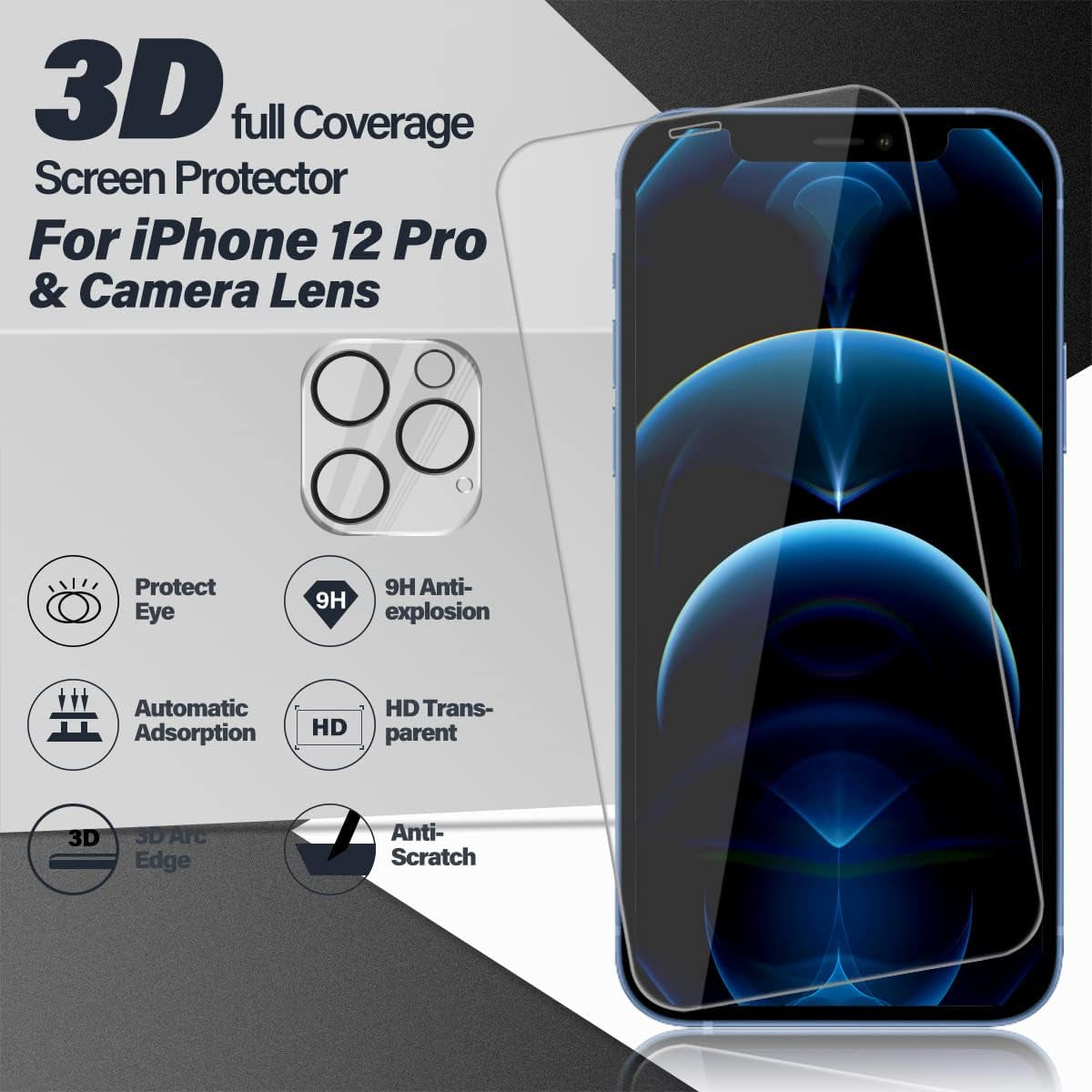 Compatible with Iphone 12 Pro Screen Protector+ Camera Lens Protectors, [2 + 2 Pack] Premium HD Clear Tempered Glass, Anti-Bubble 3D Curved Accuracy Film for Iphone 12 Pro(6.1 Inch)