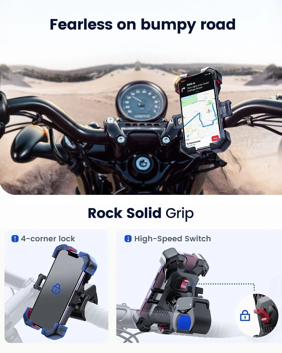 Motorcycle Phone Mount Bike Phone Holder, Auto Lock Adjustable Handlebar Phone Holder Mount for 4.7"-7" Cell Phones