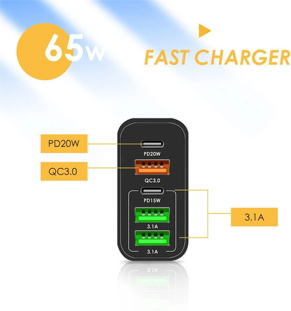 USB C Wall Charger,65W Fast Charger 2 Pcs,6 Port Power Adapter,Suitable for Multi-Model Mobile Phones,Tablets,Computers