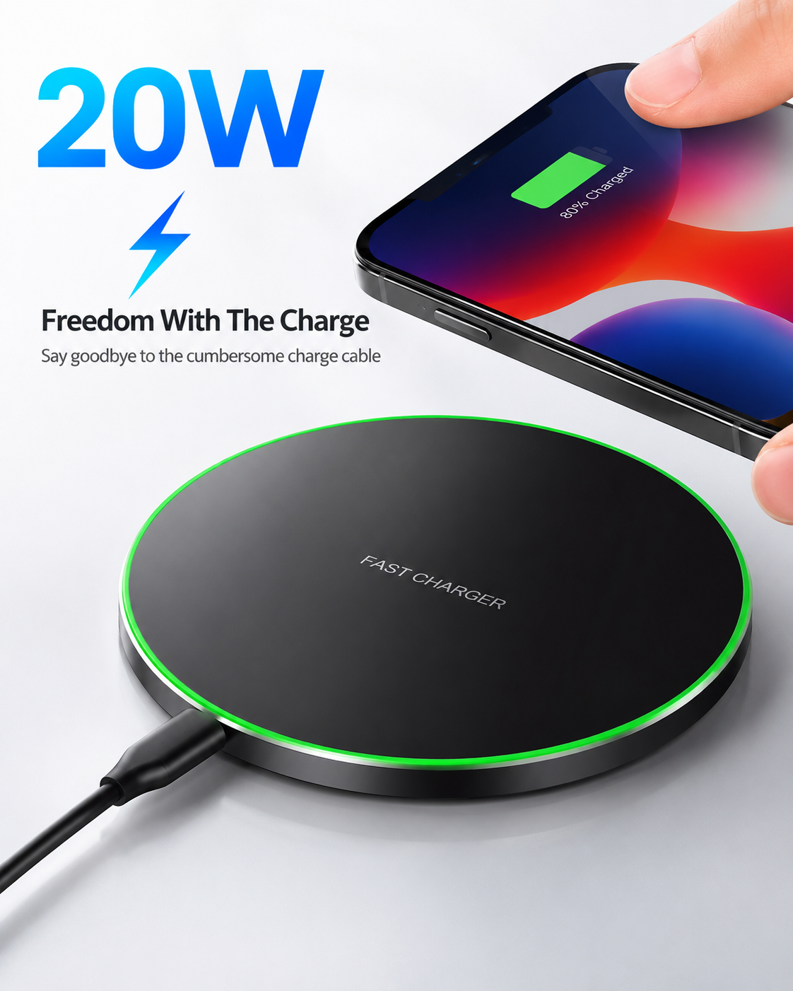 Lifestyle infographic showing the PrimeSync 20W wireless charger glowing green on a dark textured desk. A hand holds a smartphone above the pad, highlighting the cord-free 20W fast charging capabilities for modern devices.