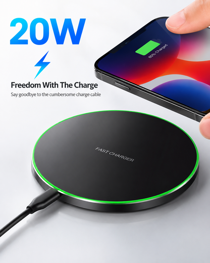 Lifestyle infographic showing the PrimeSync 20W wireless charger glowing green on a dark textured desk. A hand holds a smartphone above the pad, highlighting the cord-free 20W fast charging capabilities for modern devices.