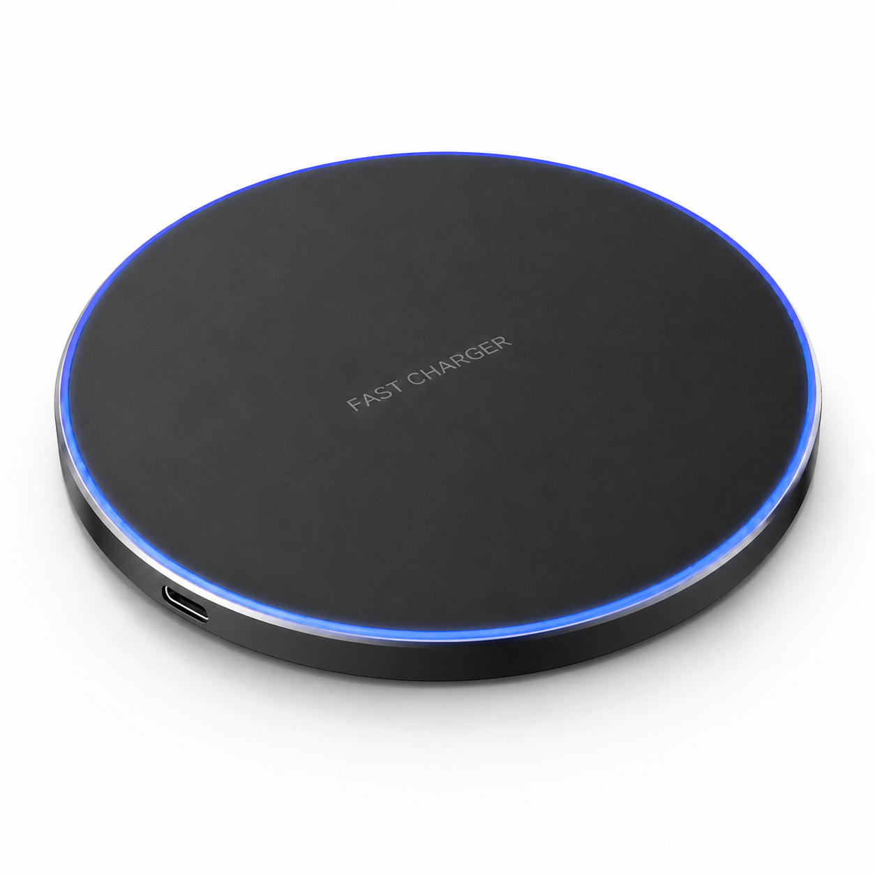 PrimeSync premium 20W fast wireless charging pad. High-angle view showcasing the sleek matte black charging surface, brushed aluminum casing, and a vibrant neon blue LED indicator ring.