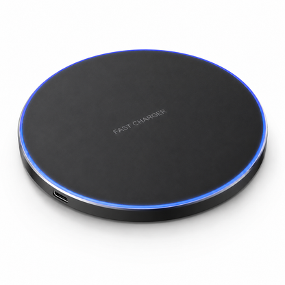 PrimeSync premium 20W fast wireless charging pad. High-angle view showcasing the sleek matte black charging surface, brushed aluminum casing, and a vibrant neon blue LED indicator ring.