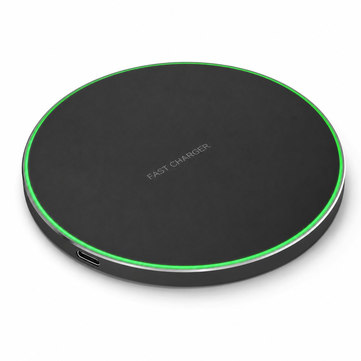 PrimeSync premium 20W fast wireless charging pad. High-angle view showcasing the sleek matte black charging surface, brushed aluminum casing, and a glowing neon green LED indicator ring for a clean desk aesthetic.
