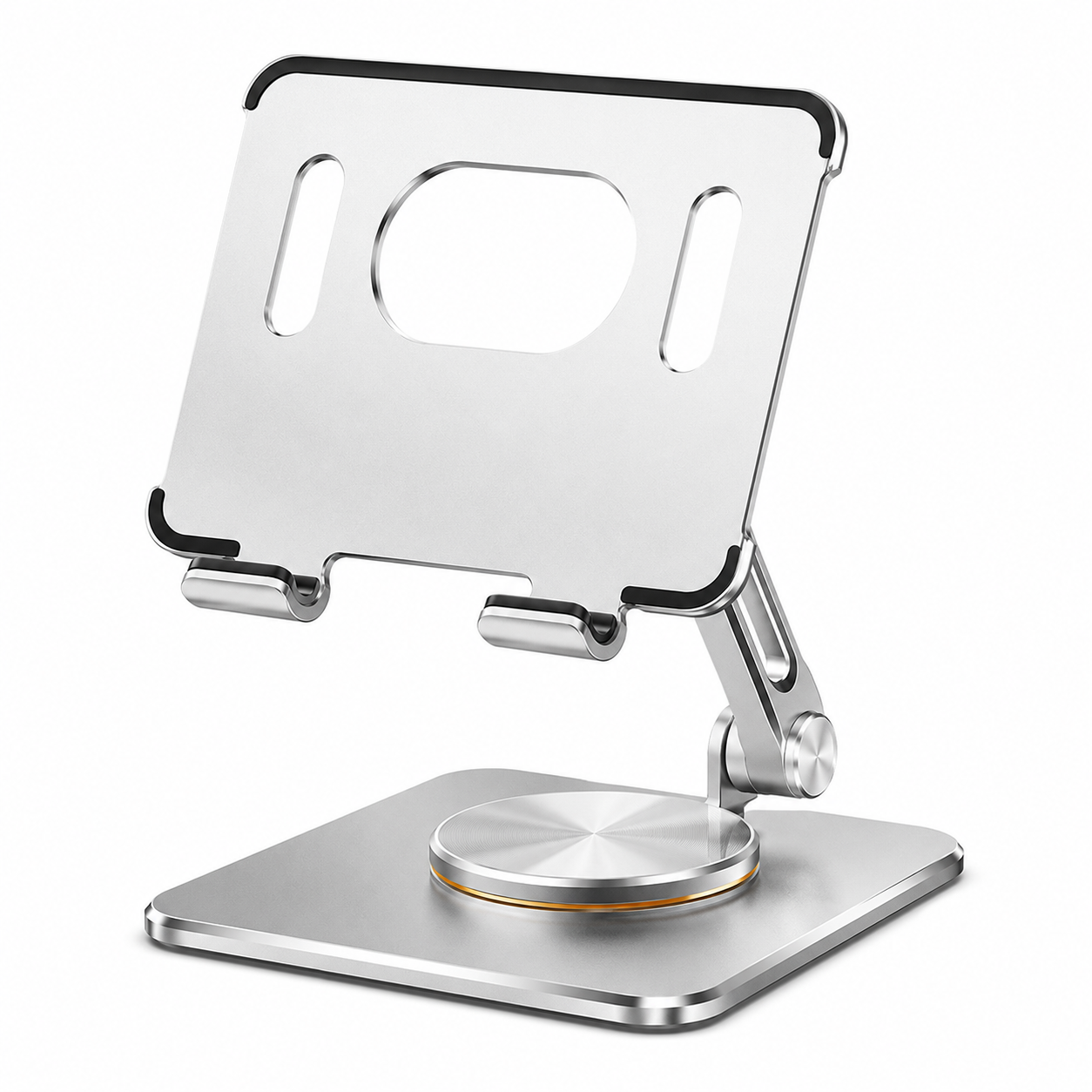 PrimeSync premium 360-degree rotating tablet stand shown from a diagonal angle. Features a space grey brushed aluminum construction, protective black silicone device pads, heat dissipation slots, and an elegant bronze accent ring on the rotating base.