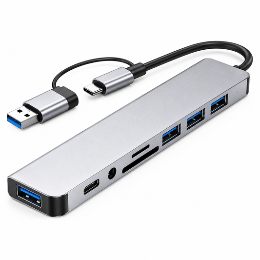 PrimeSync 8-in-1 Dual USB-C Hub shown in an isometric view against a clean white background. Features a premium silver-anodized aluminum chassis, a soft blue LED status indicator, and a hybrid USB-C to USB-A host connector cable.