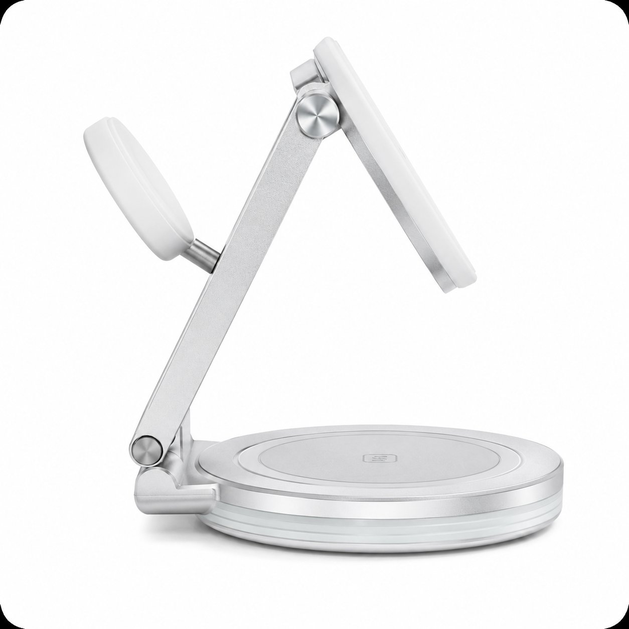 Exact side profile view of the PrimeSync adjustable charging stand. Highlights its sleek, geometric triangular architectural stance, the rear-extended Apple Watch charging module, and the layered base featuring silver aluminum over a non-slip silicone pad.