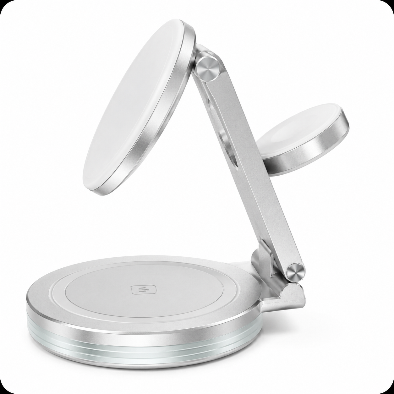 Close-up front diagonal view of the empty PrimeSync MagSafe charging stand. Features a clean white magnetic faceplate, dual-hinge brushed aluminum construction, and a translucent acrylic base ring that acts as a modern LED charging status under glow light.