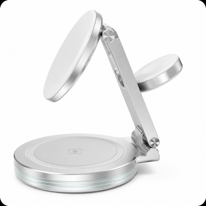 Close-up front diagonal view of the empty PrimeSync MagSafe charging stand. Features a clean white magnetic faceplate, dual-hinge brushed aluminum construction, and a translucent acrylic base ring that acts as a modern LED charging status under glow light.