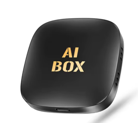 Diagonal side profile of the PrimeSync CarPlay AI Box. Highlights the engineered side ports arranged vertically on the side panel of the matte black casing.
