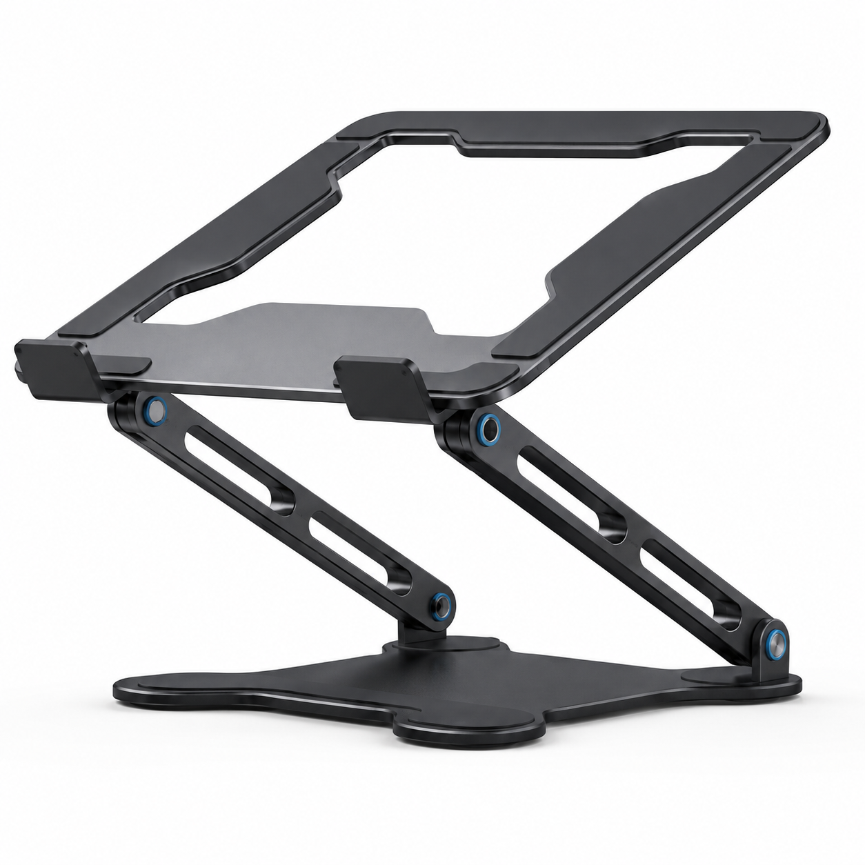 PrimeSync premium matte black aluminum laptop stand shown in an elevated position. Features a dual-hinge adjustable Z-shaped arm, blue metallic hinge accents, and an open-center airflow tray with protective anti-slip rubber pads on a clean white background.