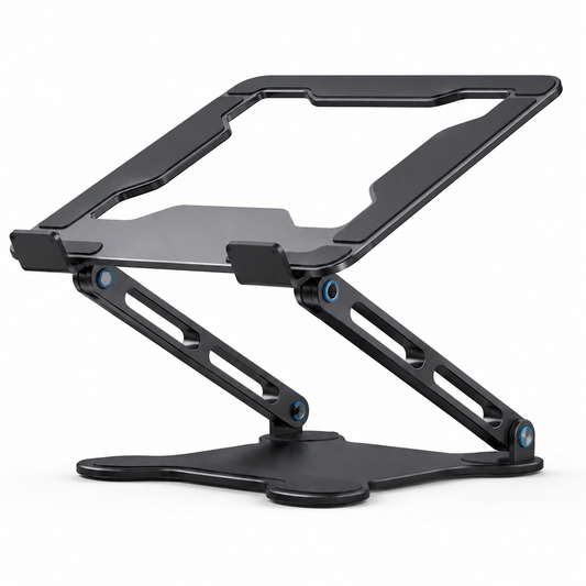 PrimeSync premium matte black aluminum laptop stand shown in an elevated position. Features a dual-hinge adjustable Z-shaped arm, blue metallic hinge accents, and an open-center airflow tray with protective anti-slip rubber pads on a clean white background.