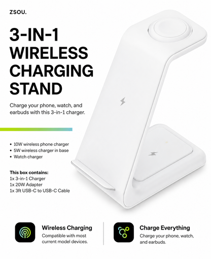 Technical features infographic for the PrimeSync wireless charging stand. A high-quality product render sits next to detailed specifications: 10W phone charging, 5W base charging, and dedicated watch charging. Includes details on package contents: the charger, a 20W adapter, and a USB-C cable.