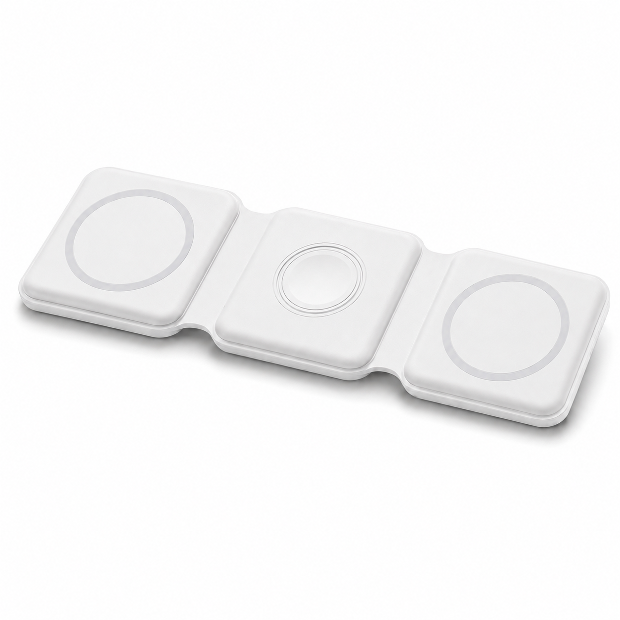 PrimeSync foldable 3-in-1 magnetic travel charger shown in sleek matte white. High-angle isometric view highlights three flexible connected silicone charging pads lying flat, featuring elegant light gray MagSafe alignment rings.