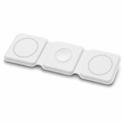 PrimeSync foldable 3-in-1 magnetic travel charger shown in sleek matte white. High-angle isometric view highlights three flexible connected silicone charging pads lying flat, featuring elegant light gray MagSafe alignment rings.