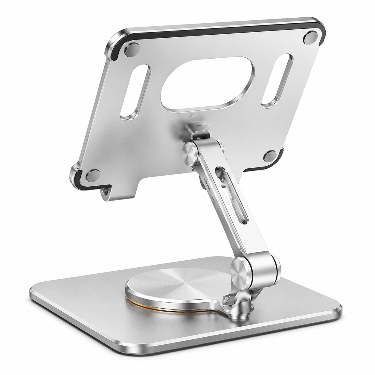 Rear diagonal view of the PrimeSync adjustable tablet stand, showcasing the robust upper hinge assembly and four protective grey silicone bumpers on the backplate, engineered to prevent scratching when the stand is folded flat for travel.