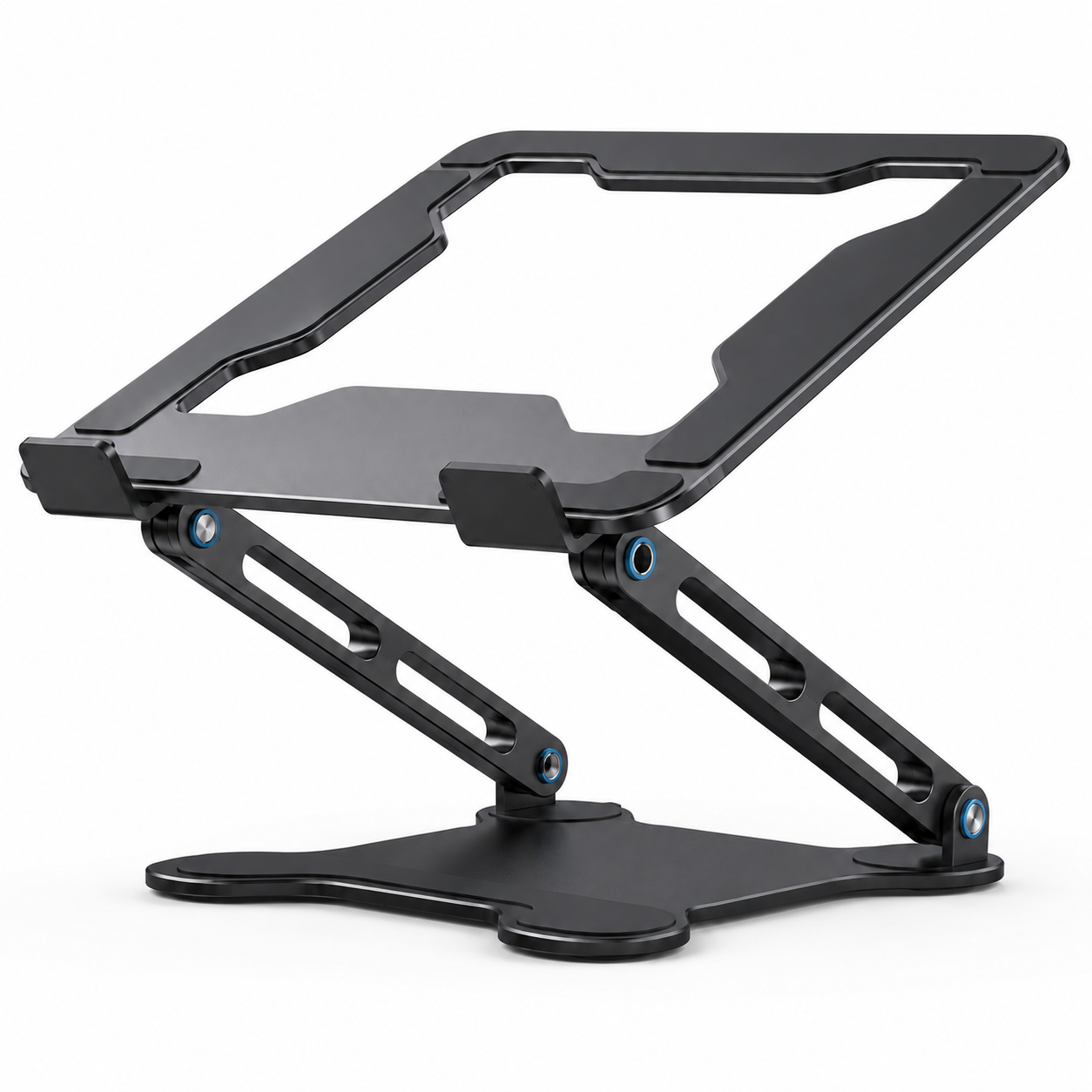 PrimeSync aluminum laptop stand adjusted into a low-profile, highly compact configuration. The dual arms are folded down securely to the base, demonstrating the versatile hinge mechanisms for varying ergonomic typing heights.