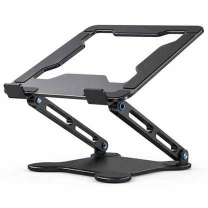 PrimeSync aluminum laptop stand adjusted into a low-profile, highly compact configuration. The dual arms are folded down securely to the base, demonstrating the versatile hinge mechanisms for varying ergonomic typing heights.