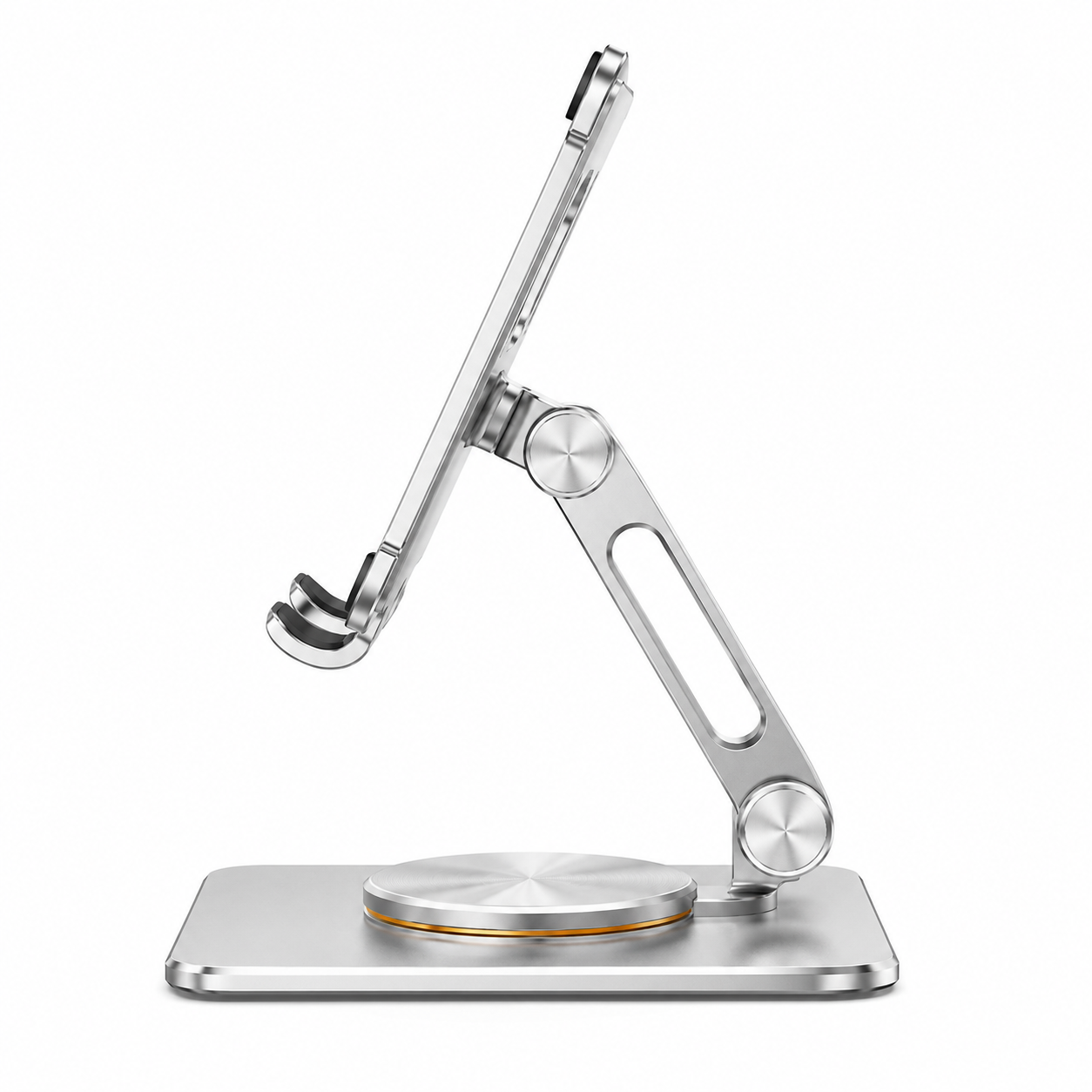 Side profile view of the PrimeSync ergonomic tablet stand against a white background. The image highlights the heavy-duty Z-shaped dual-hinge adjustable arm, showing the 2mm thick CNC-machined metal plates and the stable, flat rotating base.