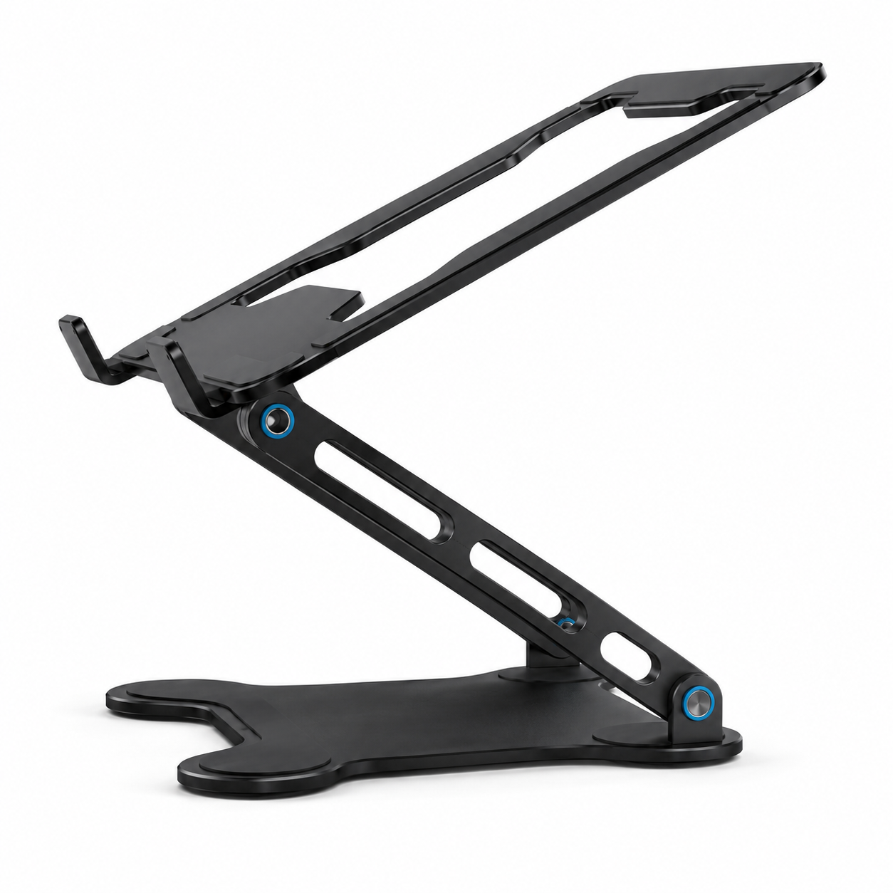 Side profile view of the PrimeSync ergonomic laptop stand, highlighting the heavy-duty Z-shaped adjustable arms and dual-joint hinges. The flat, stable base sits flush on the surface to maximize desk space in a modern remote workspace setup.