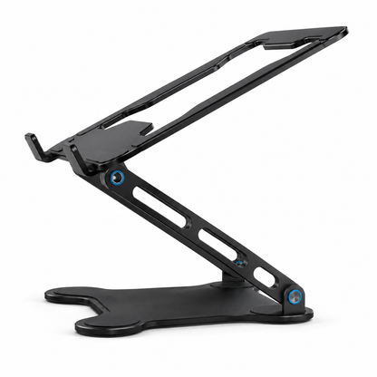 Side profile view of the PrimeSync ergonomic laptop stand, highlighting the heavy-duty Z-shaped adjustable arms and dual-joint hinges. The flat, stable base sits flush on the surface to maximize desk space in a modern remote workspace setup.