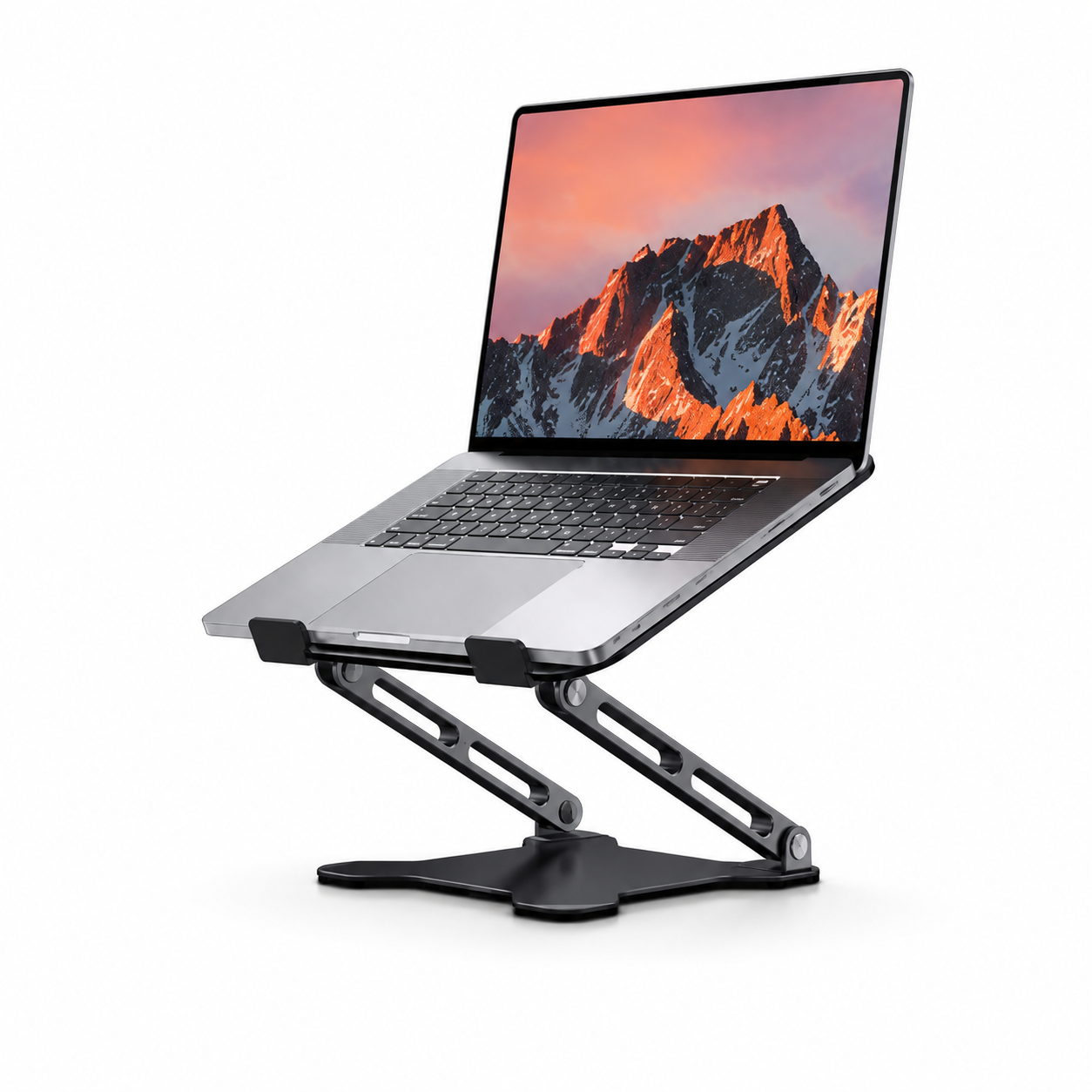 A premium silver laptop securely mounted on the PrimeSync ergonomic aluminum laptop stand. The screen displays a vibrant mountain landscape, showcasing the stand's robust weight-bearing stability and aesthetic fit for professional remote work environments.