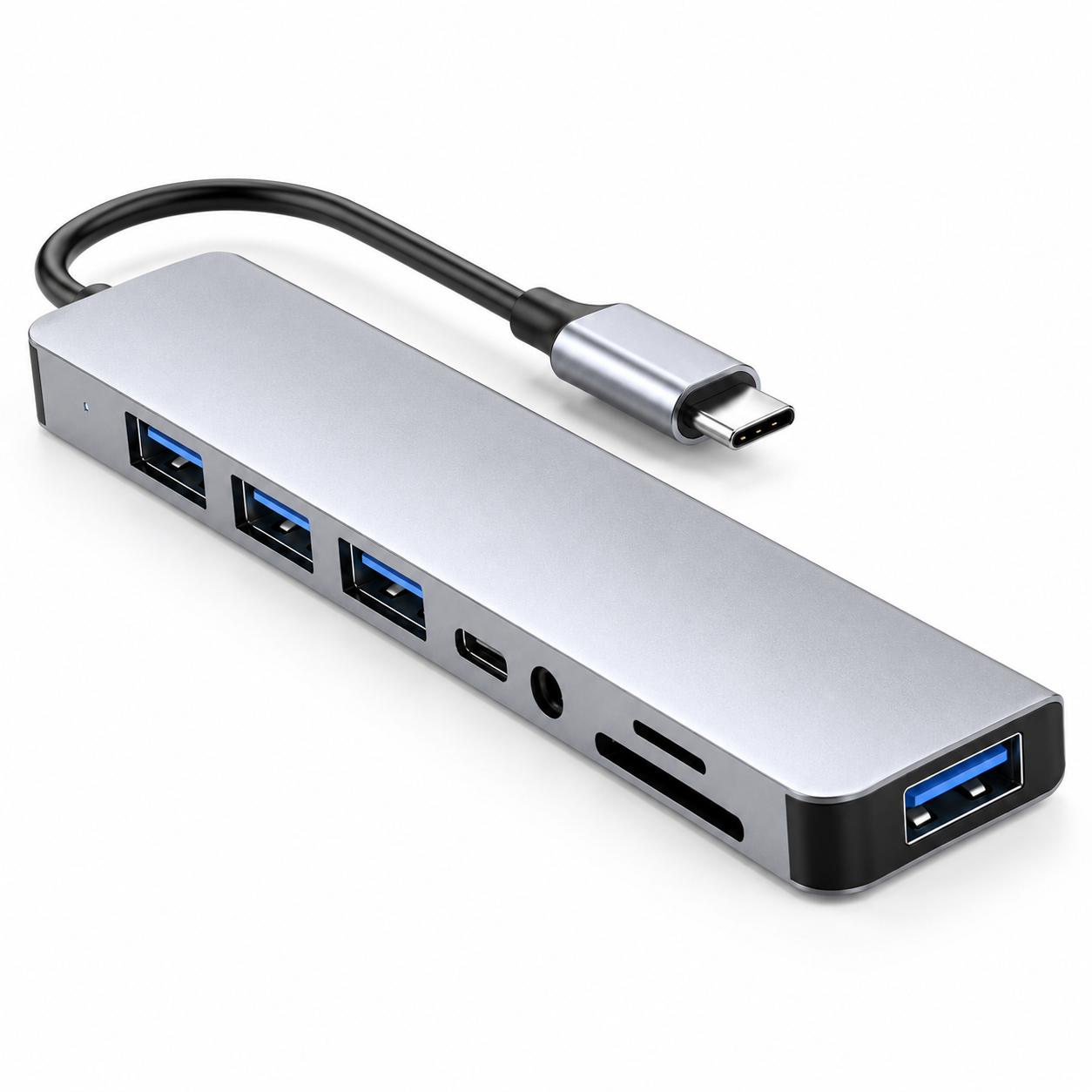 Opposite diagonal view of the PrimeSync silver aluminum 8-in-1 USB-C Hub on a white background. The image clearly displays the front-facing high-speed data transfer ports, including three blue USB-A 3.0 ports, a USB-C data port, and dual SD/TF card readers.