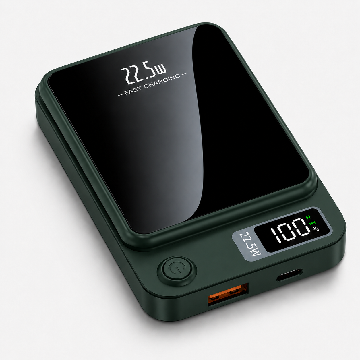 PrimeSync MagBoost 10000mAh magnetic power bank shown in a deep matte forest green finish. Isometric view showcases the glossy black front faceplate, the circular power button, and the bright green LED digital battery percentage display.