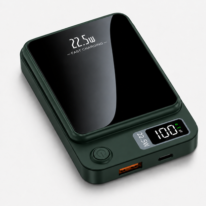 PrimeSync MagBoost 10000mAh magnetic power bank shown in a deep matte forest green finish. Isometric view showcases the glossy black front faceplate, the circular power button, and the bright green LED digital battery percentage display.